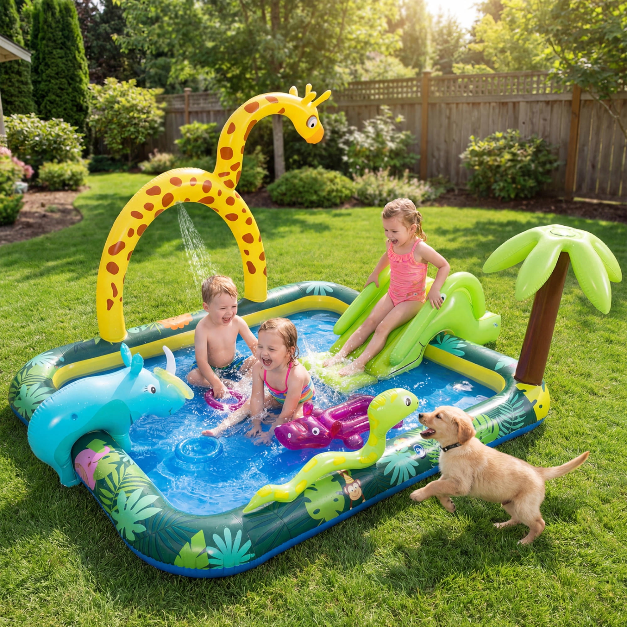 Inflatable Jungle Animal Spray Pool Play Center with Slide & Giraffe Sprinkler, Outdoor Kids Water Pool for Toddlers 2-6, Backyard Summer Water Fun