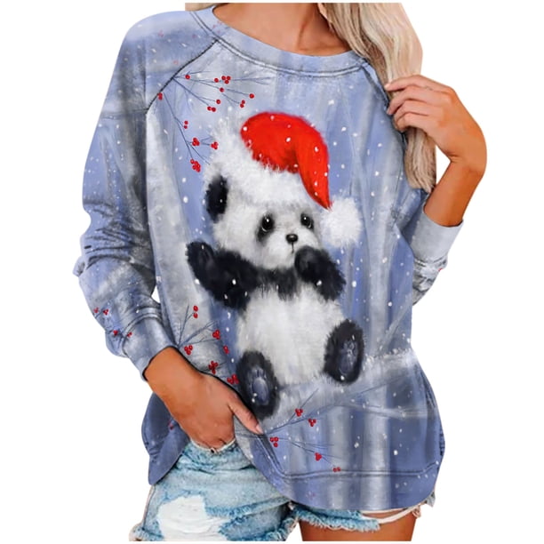 Sudaderas de Cuello Redondo de Navidad Para Mujer Suéter Con Estampado de Navidad Blusa Suelta Tops Sin Capucha Odeerbi ODB203034