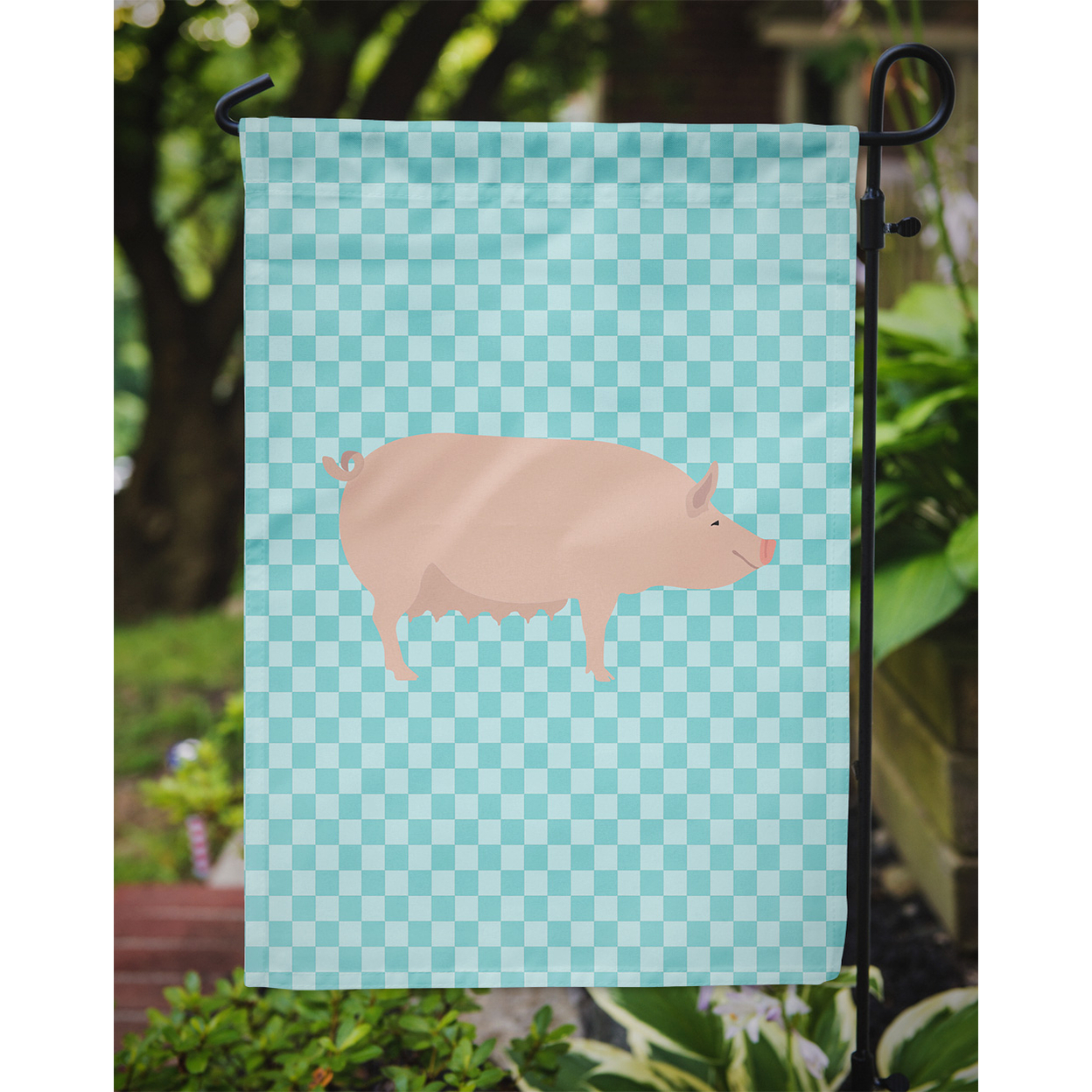 Carolines Treasures BB8112GF English Large White Pig Blue Check Garden Flag