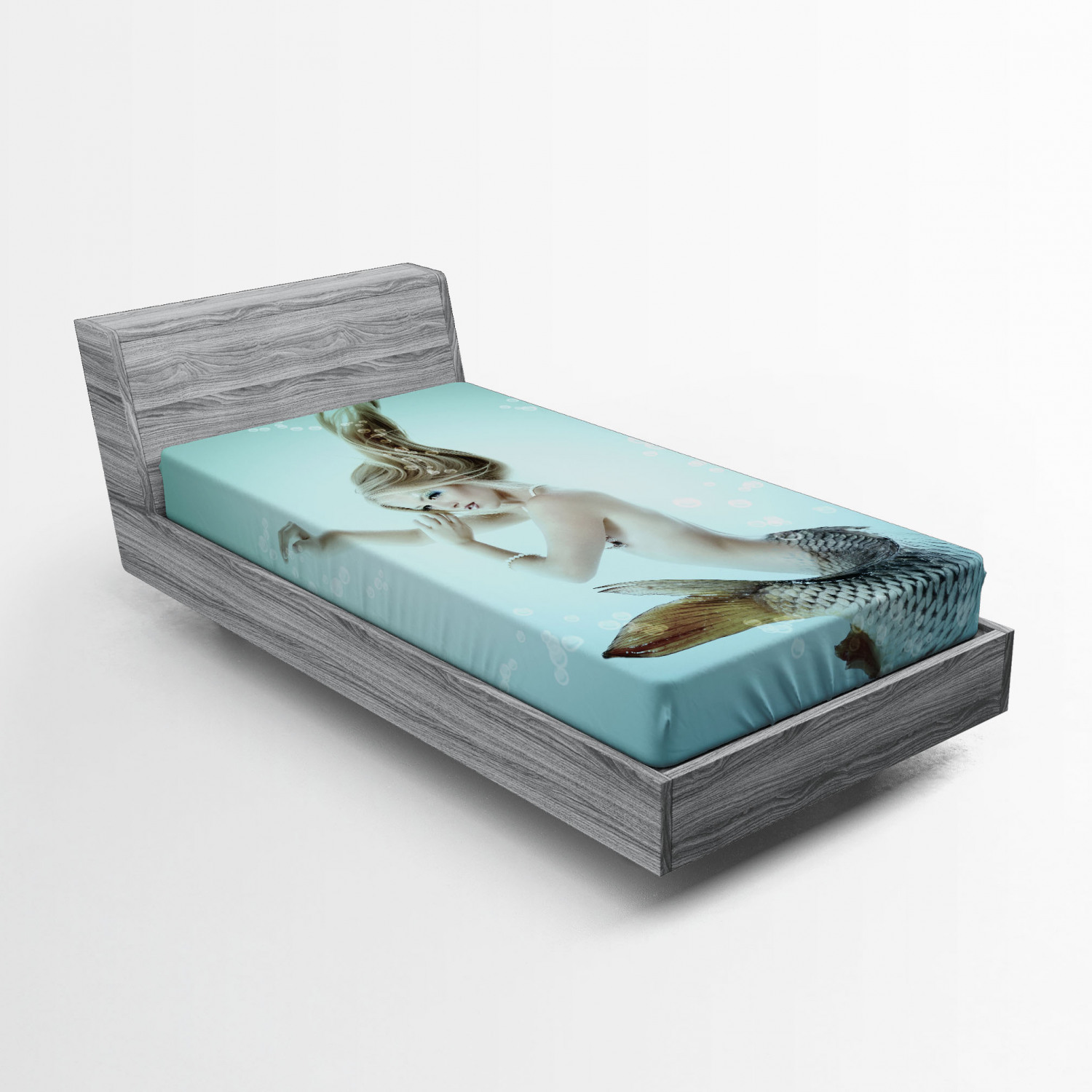 Mermaid Fitted Sheet, Floating Mermaid with Water Bubbles Underwater