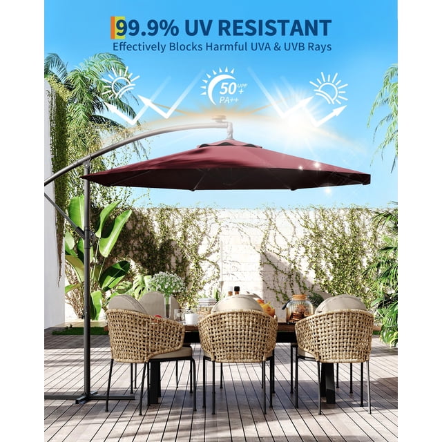 Parasol Déporté de Patio 10 Pi – Rotation à 360°, Inclinaison Infinie, Polyester Résistant aux UV et Imperméable, 8 Baleines Coupe-Vent, Acier Robuste, Ombrage de Marché Extérieur pour Jardin, Pelouse, au Bord de la Piscine – Bordeaux