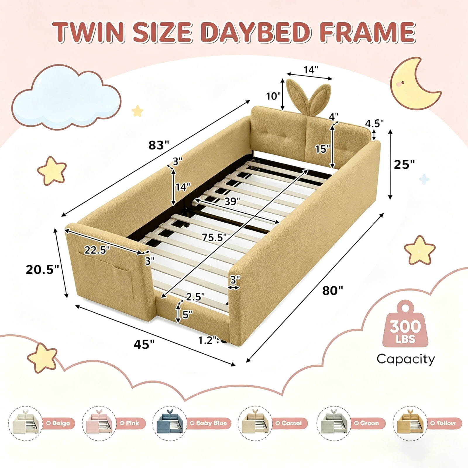 Deiokin Twin Size Bunny Ear Platform Bed Frame, Upholstered Boucle Fabric Bed Frame with Safety Rail & Storage Pocket
