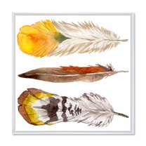 Designart 'Ethnic Yellow Feather From Wing On White' Bohemian & Eclectic Framed Canvas Wall Art Print