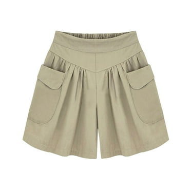 Dark Khaki Women Casual Shorts Large Loose Breathable Shorts Pants Cotton Short Trouser Summer Fashion Costume for Lady- Size L