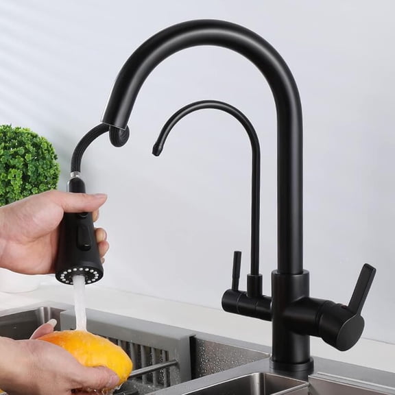 3 Way Kitchen Faucet with Pull Out Spray Brass Multifunction Hot and Cold Water Swivel Kitchen Sink Faucet-Black