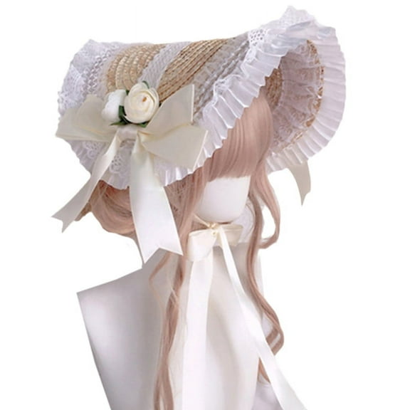BOOYOU Elegant Straw Hat withStrap Bonnet Cap Headdress Ruffle Lace Hair Accessories