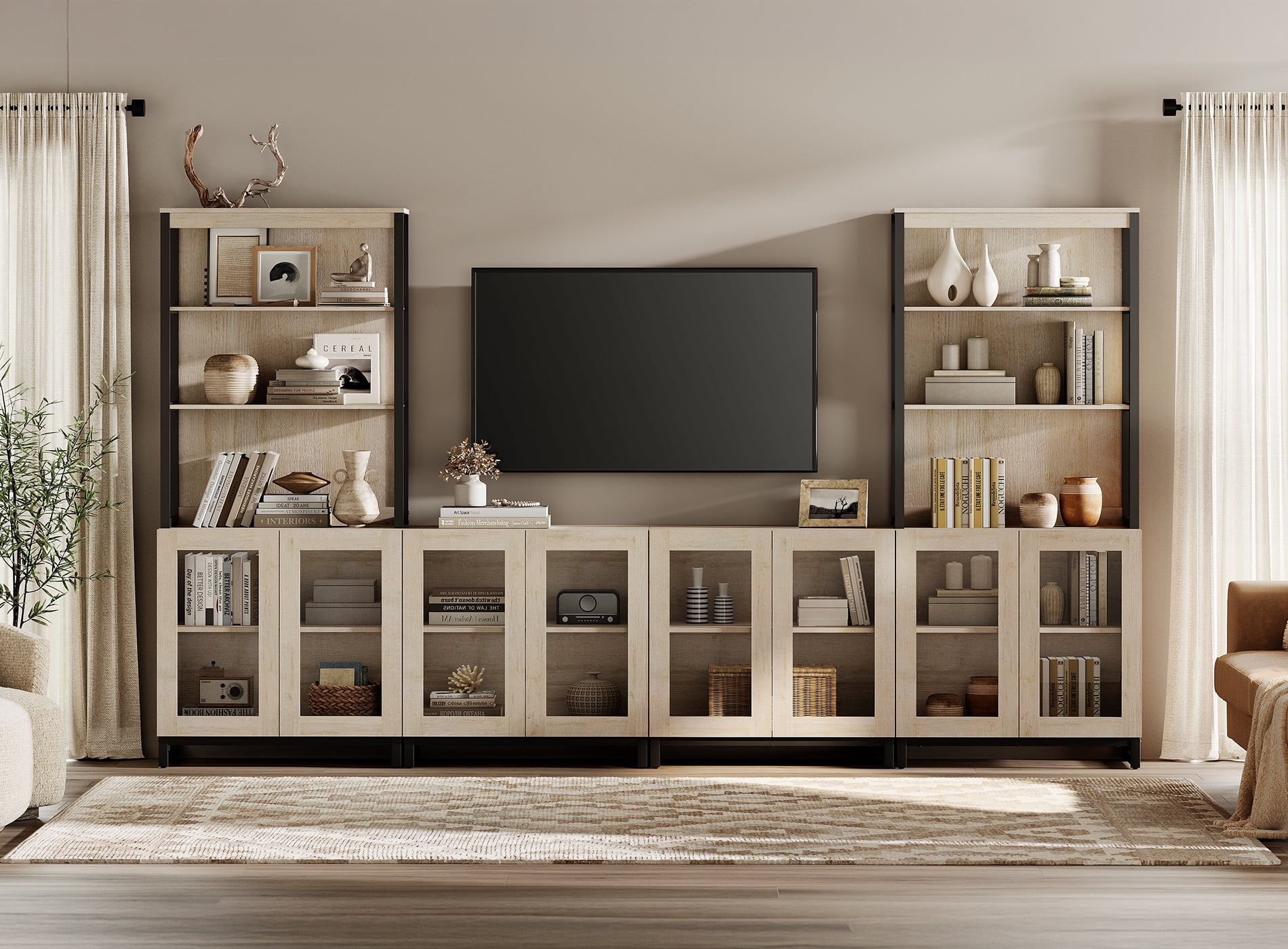 WAMPAT Modern TV Stand with 3 Tiers Bookshelf, Farmhouse Entertainment Center with 4 Large Storage Cabinets and Adjustable Shelf, Wooden Media TV Console with Glass Doors for Living Room, Beige
