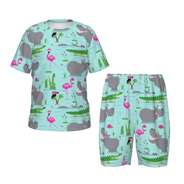 Balery Hippo With Flamingos And Crocodiles Conjunto de Pijama Infantil de Manga Corta con Estampado – Ropa de Dormir de Algodón Suave-Medium