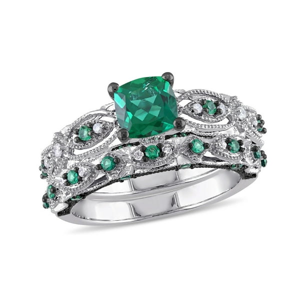 Gem And Harmony Lab Created Emerald 1 1/3 Carat (ctw) with Diamond 1/