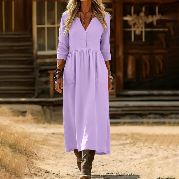 Xdegoge Long Dresses for Women Relaxed Fit V-Neck 3/4 Sleeve Casual Dresses Button Detail Side Pockets Vacation Dress Solid Color Fall Spring Outing