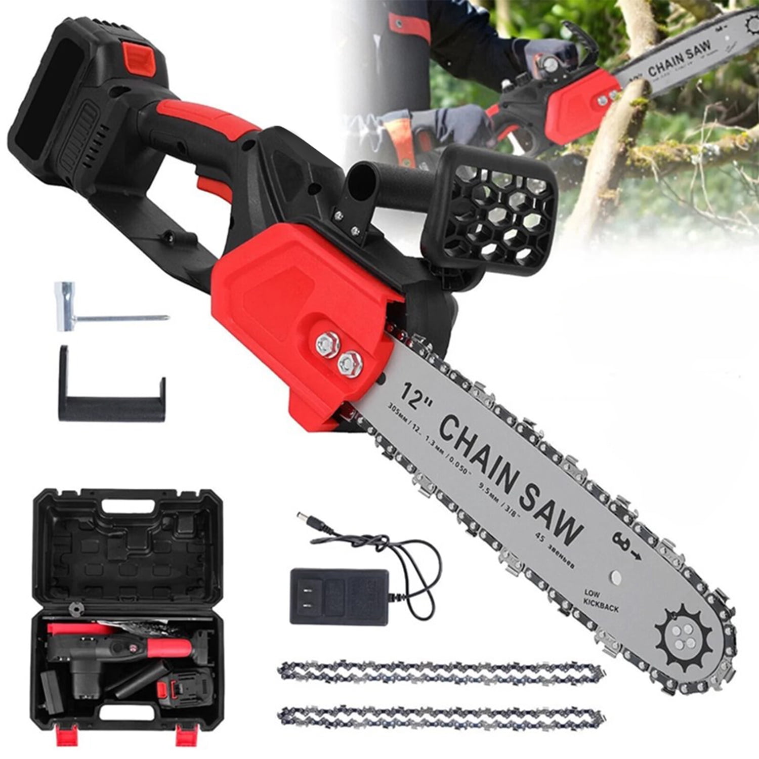 12" Electric Chainsaw Cordless Handheld Chain Saw Wood Cutter + Battery 2 Chains, Ideal for Medium Yard, Garden, and Farm Wood Cutting