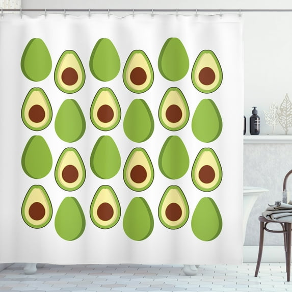 Avocado Shower Curtain, Fruit Summer Healthy and Organic Food Themed Colorful Design, Fabric Bathroom Set with Hooks, 69W X 84L Inches Extra Long, Pale Green Brown Pale Yellow, by Ambesonne