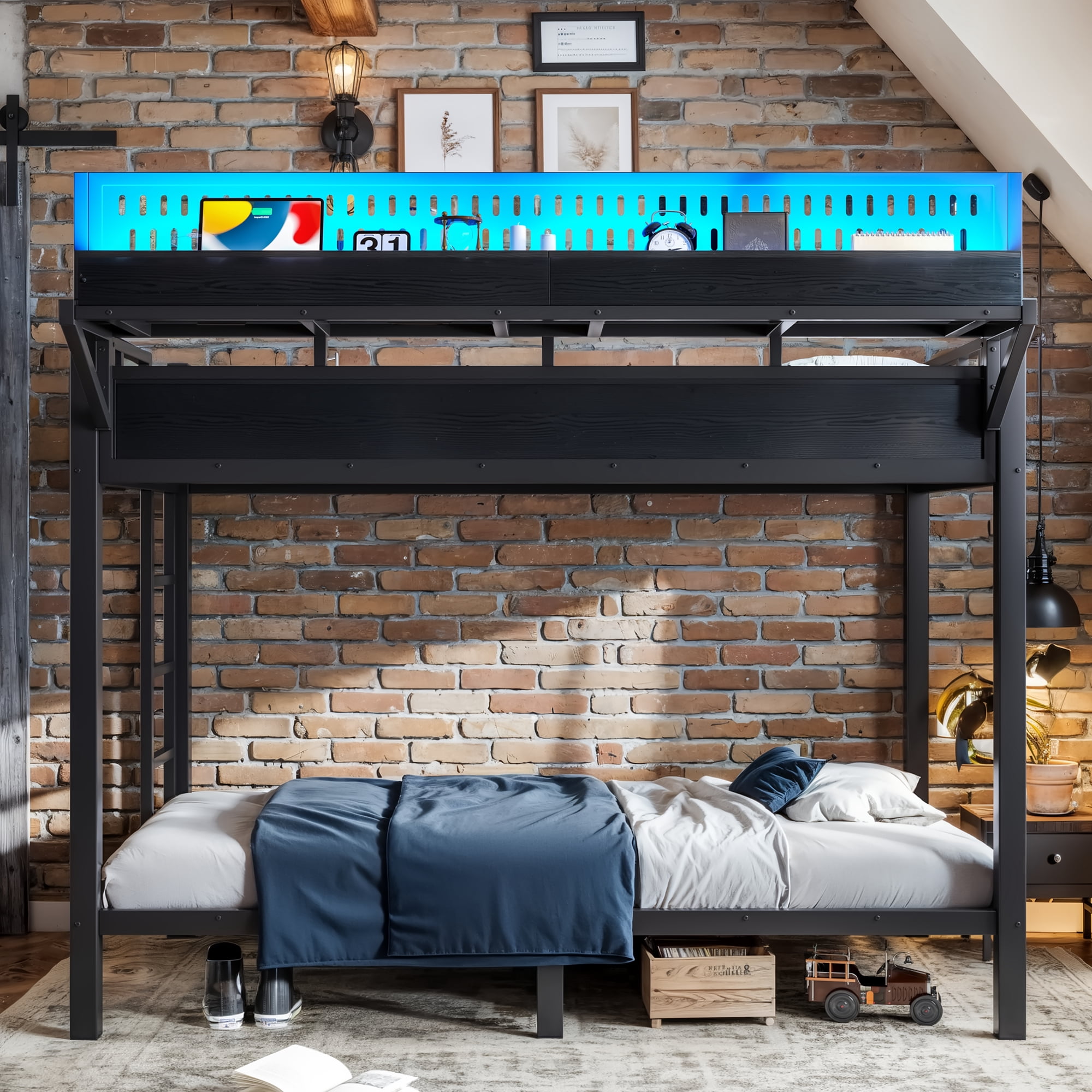 Mintazer Twin XL Over Twin XL Bunk Bed with Storage Shelves and Pegboard, Metal Bunk Bed Frame with LED Lights & Charging Station for Bedroom Guest Room, Black