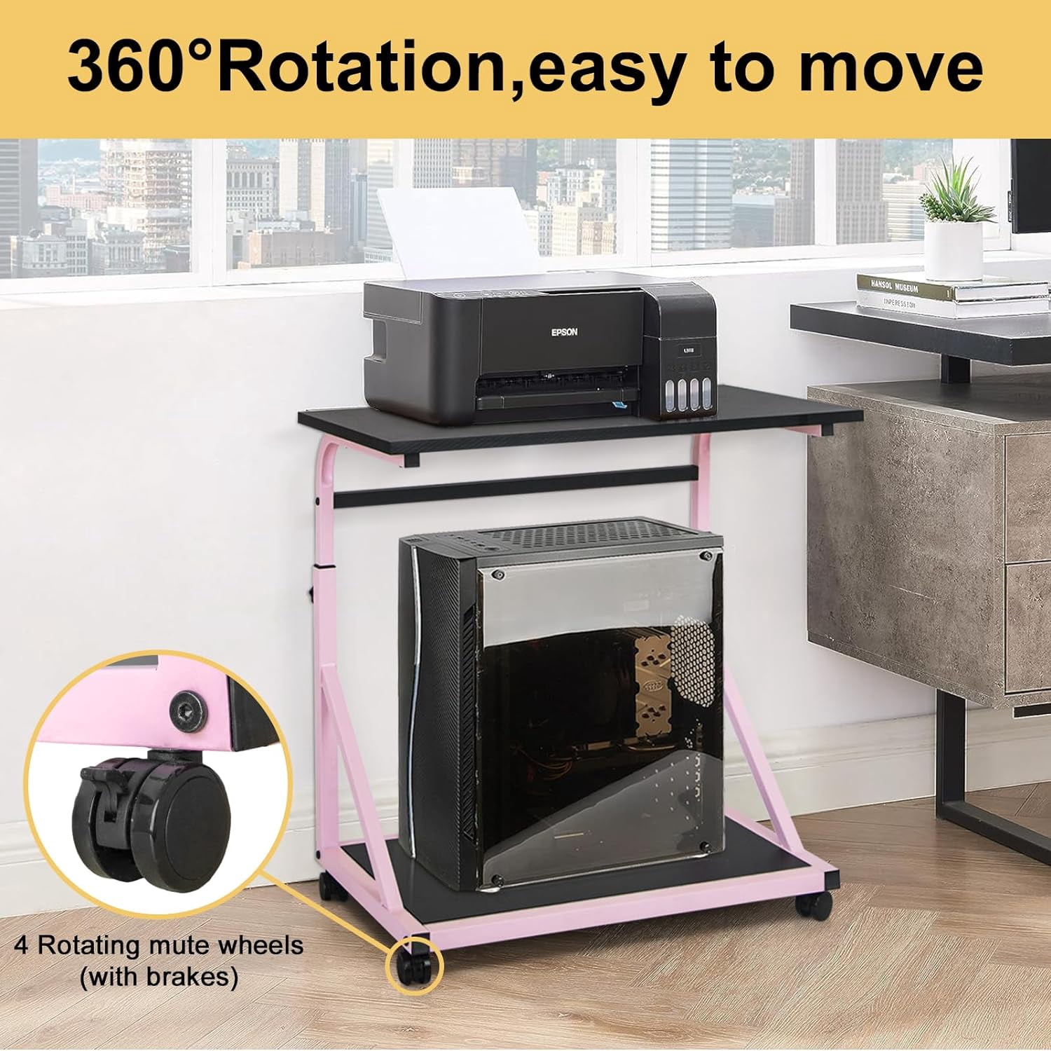 Computer Tower Stand, 2-Tier CPU Stand with Lockable Wheels, Adjustable Height PC Stand for Floor, Mobile PC Laptop Standing Table for Home Office (Black)