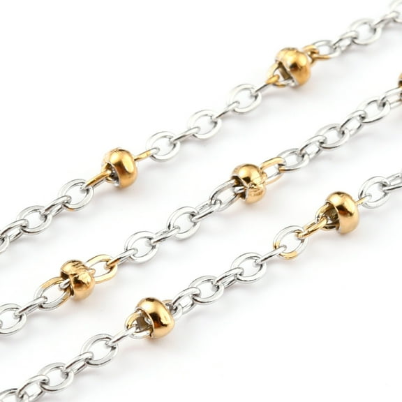 1 roll Two Tone 304 Stainless Steel Cable Chains with Spool & Round Beads Soldered Golden & Stainless Steel color 3x2x1mm 32.8 Feet(10m)/roll