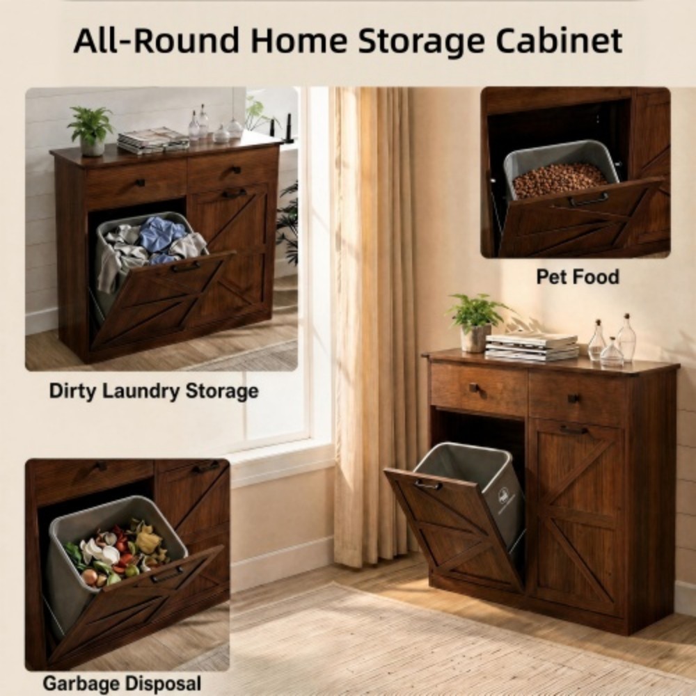 Farmhouse Double Tilt-Out Trash Cabinet, 2 x 10 Gallon Hidden Garbage Can Storage, Recycling Cabinet with Drawers, Barn Door Style, Walnut