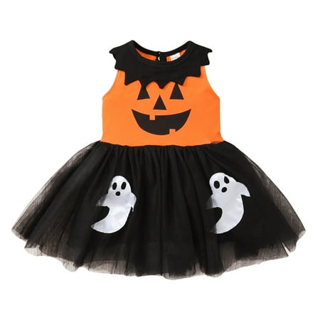 

ZMHEGW Toddler Girls Pumpkin Festival Sleeveless Dresses Kids Cartoon Pumpkin Tulle Princess Dress Baby Cute Clothing