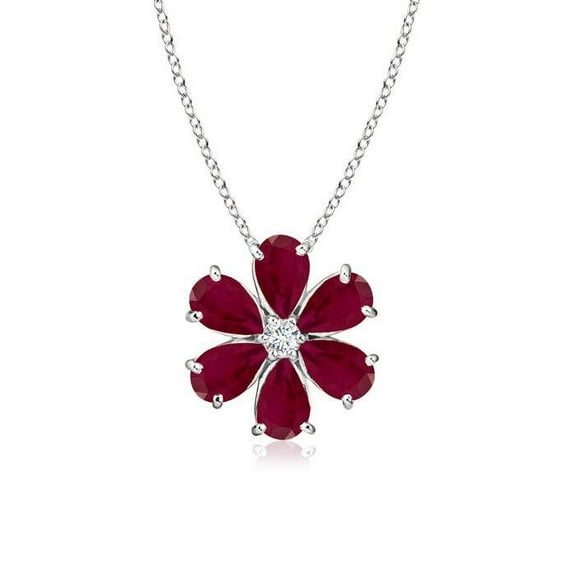 ANGARA Natural 2.4 ct Ruby Flower Cluster Pendant with Diamond in 14K White Gold for Women (Size-6x4mm) | July Birthstone, Birthday, Anniversary, Jewelry Gift for Women | Natural Ruby Necklace