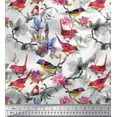 thumbnail image 1 of Soimoi Crepe Silk Fabric Floral & Sparrow Bird Printed Fabric 1 Yard 42 Inch Wide, 1 of 3