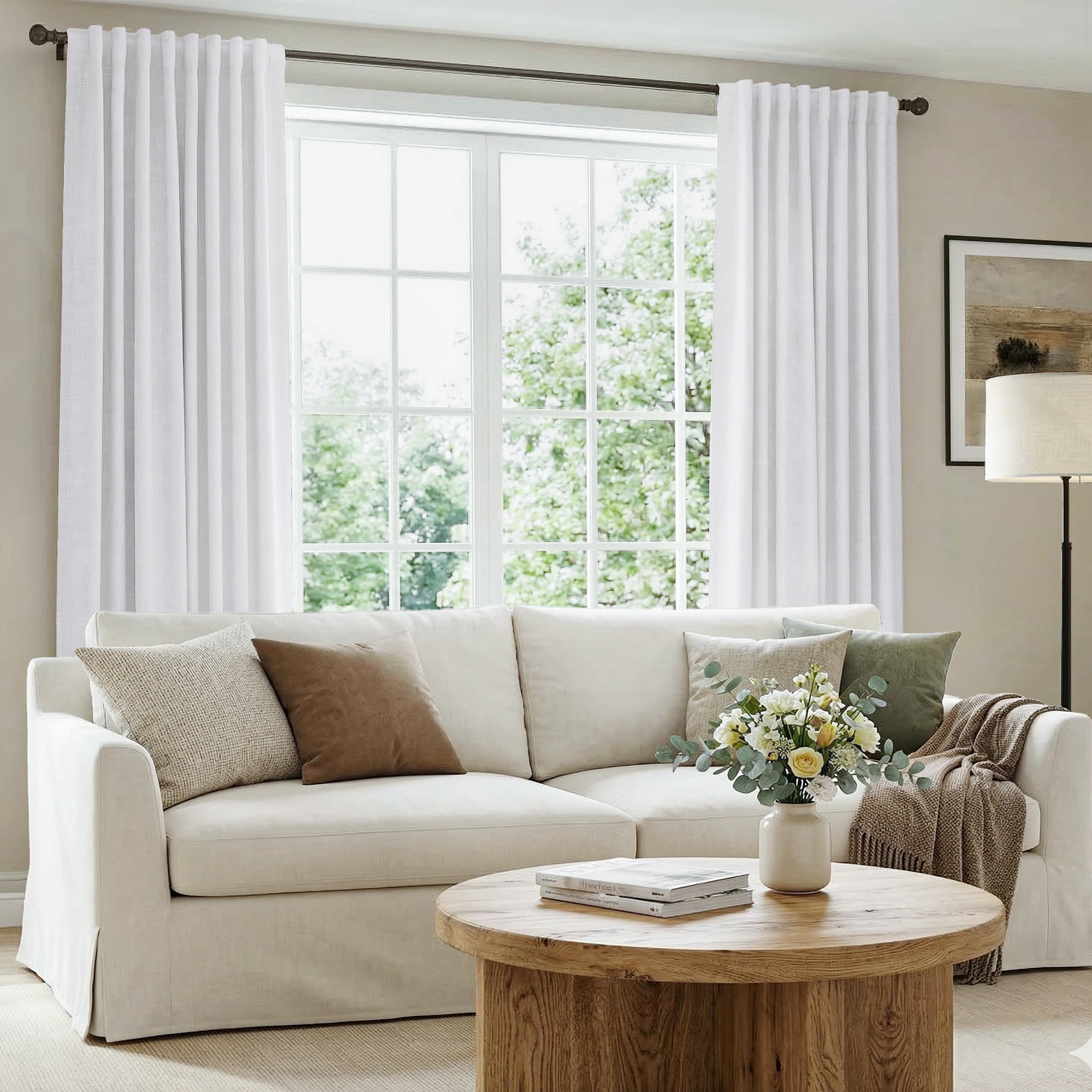 GLEAMIST 100% Blackout Curtains 2 Panels Set, 52 Inches Wide Faux Linen Thermal Insulated Light Blocking Drapes, Rod Pocket & Back Tab for Bedroom Living Room, Bright White