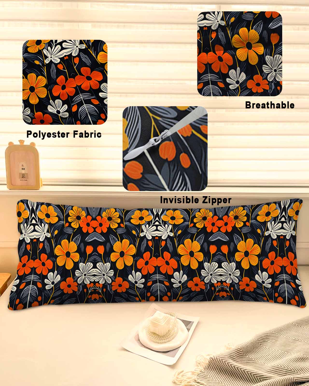 Orange Spring Floral Body Pillow Cover 20 x 60 Inch Decorative Pillow Cover Black Summer Botanical Leaf Lumbar Pillowcase Seasonal Rectangle Cushion Case for Couch Sofa Bed Living Room