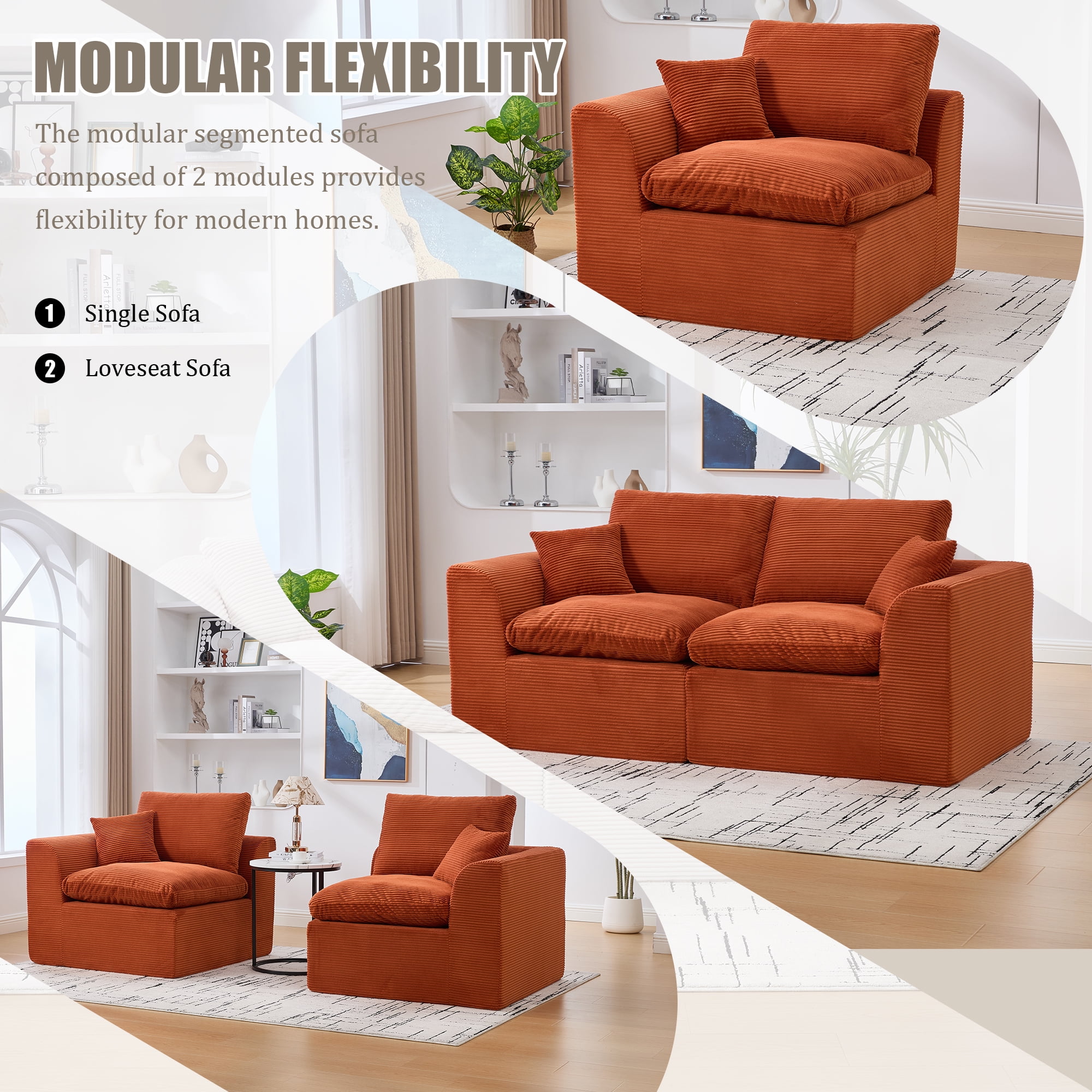 Leumius 80" Cloud Couch,Modern 2 Seater Sofa with Pillow,Upholstered Corduroy Fabric Modern Loveseat for Living Room Bedroom Apartments Dorms,No Assembly Required,Orange