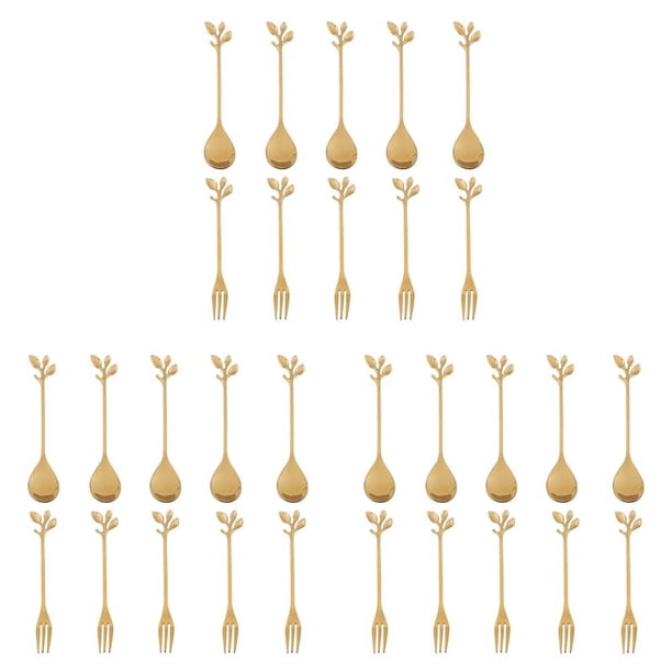 15 Cuchara + 15 Tenedores Hoja de Acero Inoxidable Cuchara para Pastel de Café Tenedor Cucharas para Postre, Juego de Cucharaditas para Remover Dorado