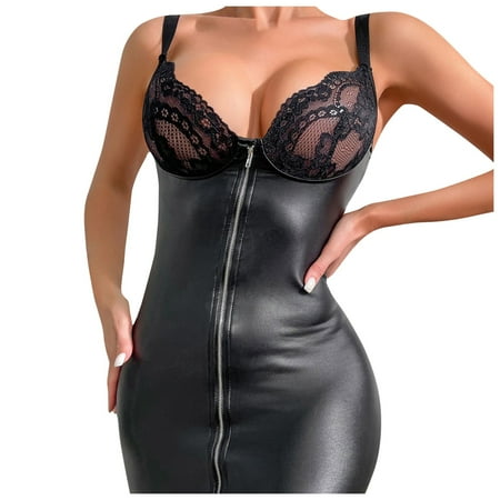 Yuhangmm Hot Girl Nightclub PU Zipper Skirt Lace Sexy Sexy Nightgown Bodysuit Lingerie for Women with Robe