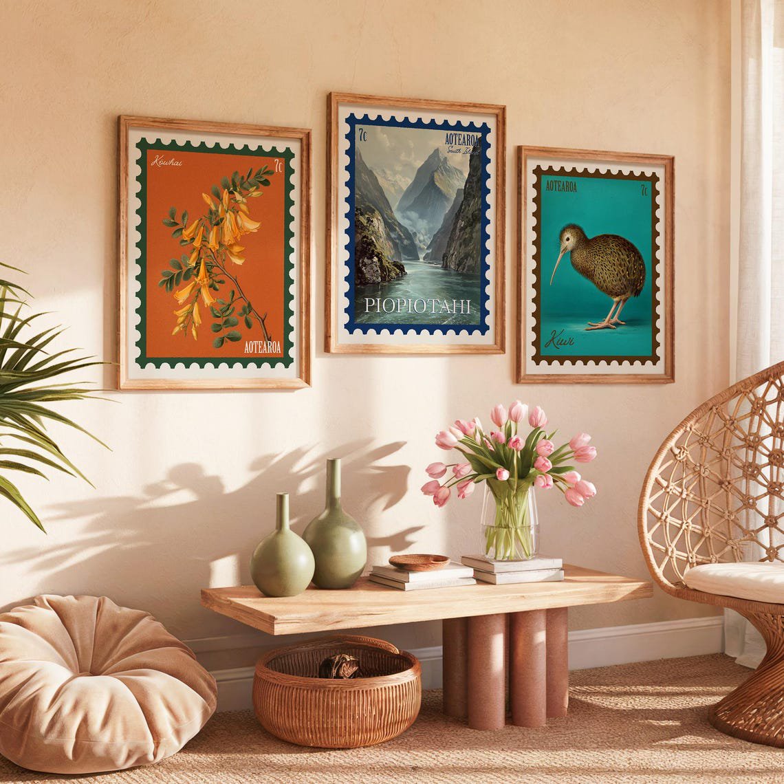 New Zealand Stamp Posters, Milford Sound, Kiwi, Kowhai Flower, Classic Travel Wall Art, Poster Only