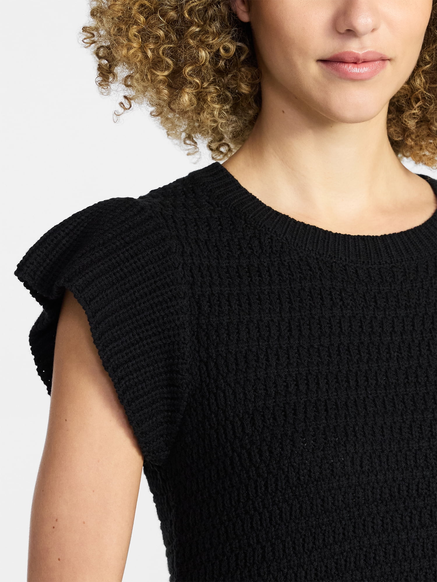 Time and Tru Women's Textured Sweater with Short Flutter Sleeves, Lightweight, Sizes XS-XXXL