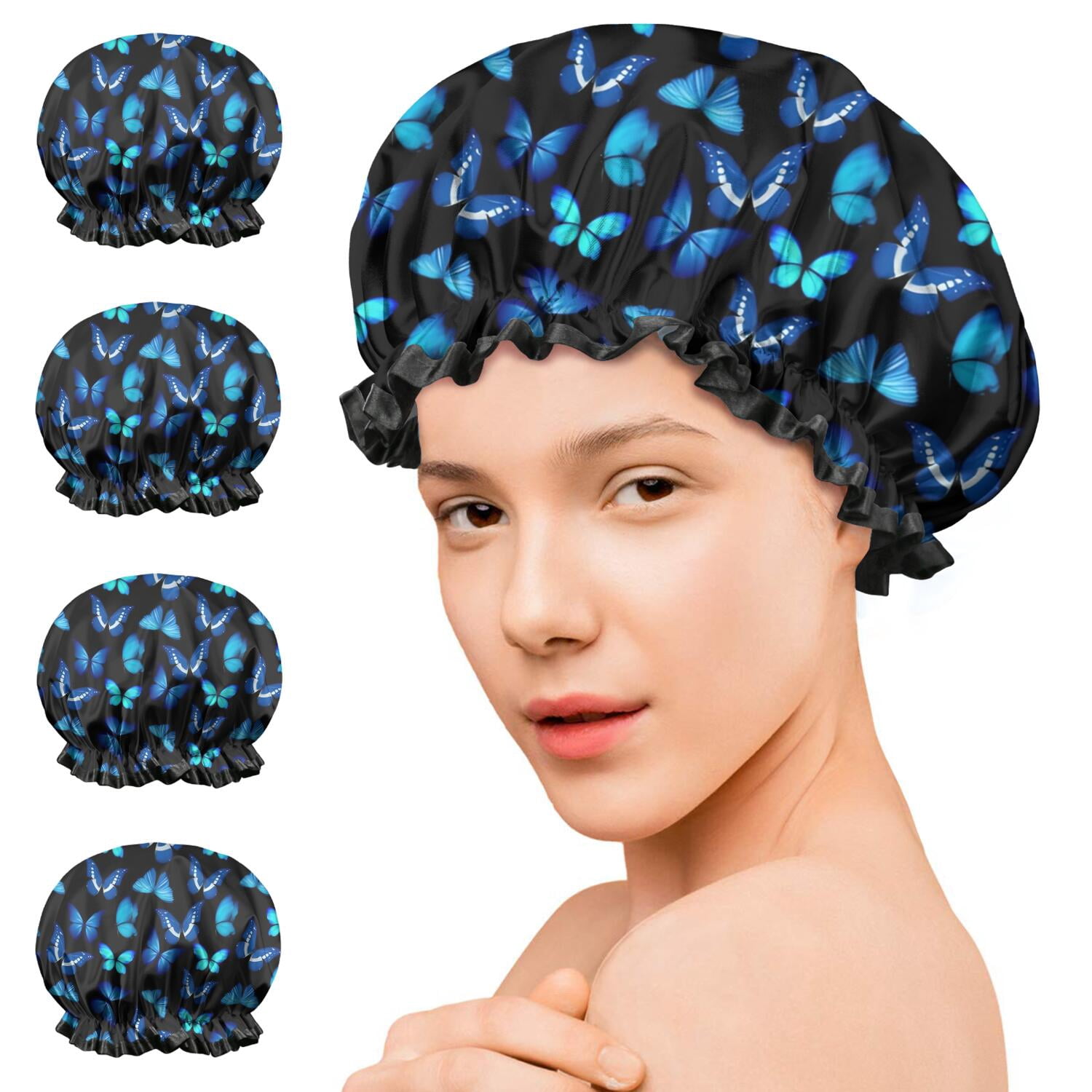Shower Caps,Black Blue Butterfly Pattern Waterproof Shower Cap for Women 4 Pieces,Double Reusable Hair Cover for Shower PEVA Elastic Stretch Hem