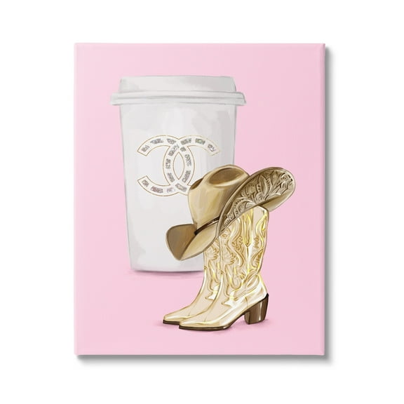 Stupell Industries Pink Glam Cowgirl Boots & Coffee Beauty & Fashion Painting Gallery Wrapped Canvas Print Wall Art