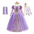 thumbnail image 3 of Vestido de princesa Rapunzel para niña, disfraz de Enredados para Halloween, regalos de fiesta de cumpleaños, ropa con lazo de malla y lentejuelas moradas, 3 of 5