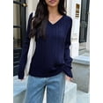 thumbnail image 4 of Women Long Sleeve Cable Knit Sweater Fashion V Neck Fitted Pullover Top Business Casual Fall Outfits Navy Blue M, 4 of 7