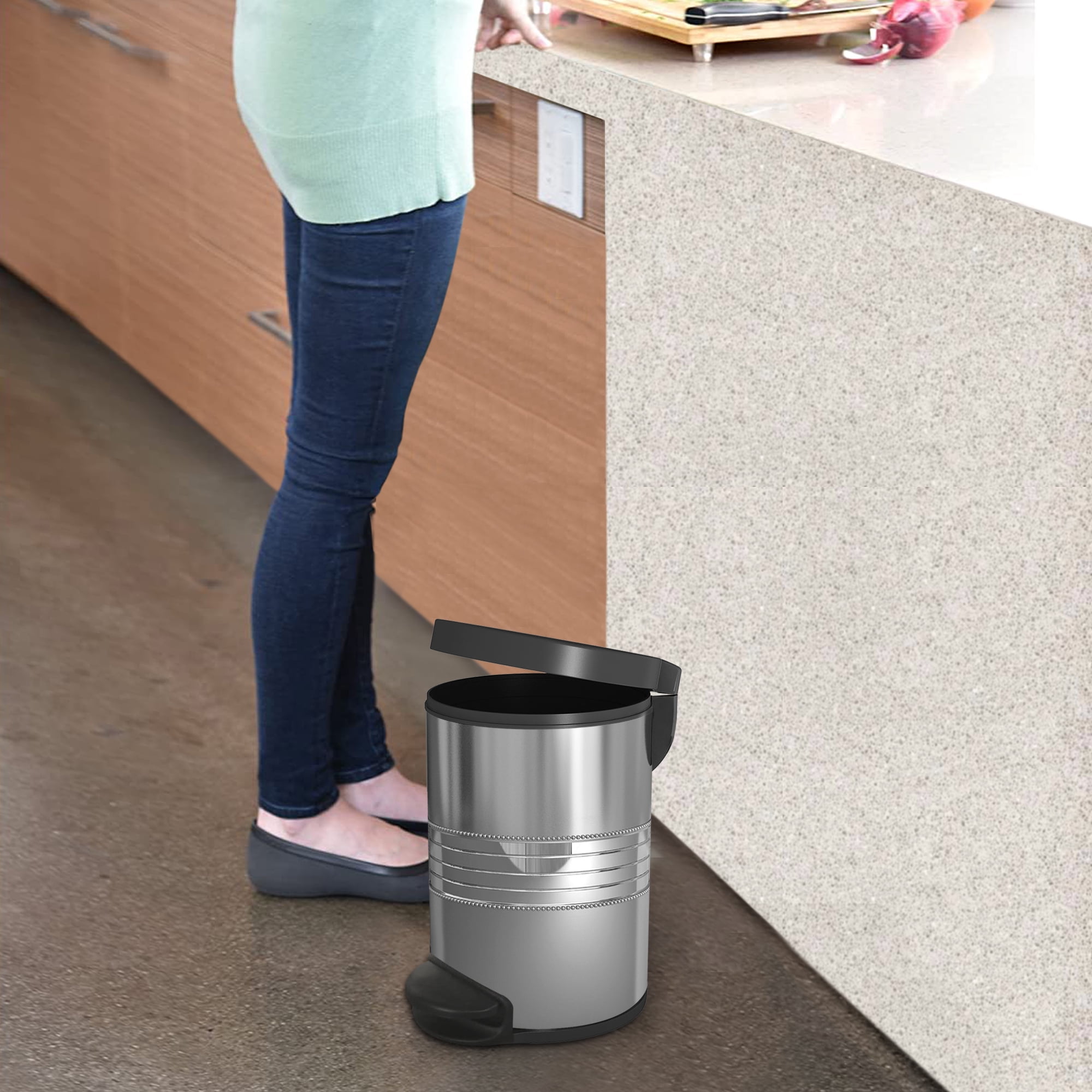 nu steel 5 Liter Round Small Metal Step Trash Can Wastebasket, Garbage Container Bin - for Bathroom, Powder Room, Bedroom, Kitchen, Craft Room, Office - Removable Liner Bucket -Shiny Steel STP-08