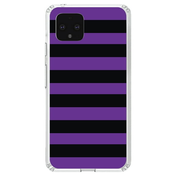 DistinctInk Clear Shockproof Hybrid Case for Google Pixel 4 XL (6.3" Screen) - TPU Bumper, Acrylic Back, Tempered Glass Screen Protector - Black & Purple Bold Horizontal Stripes