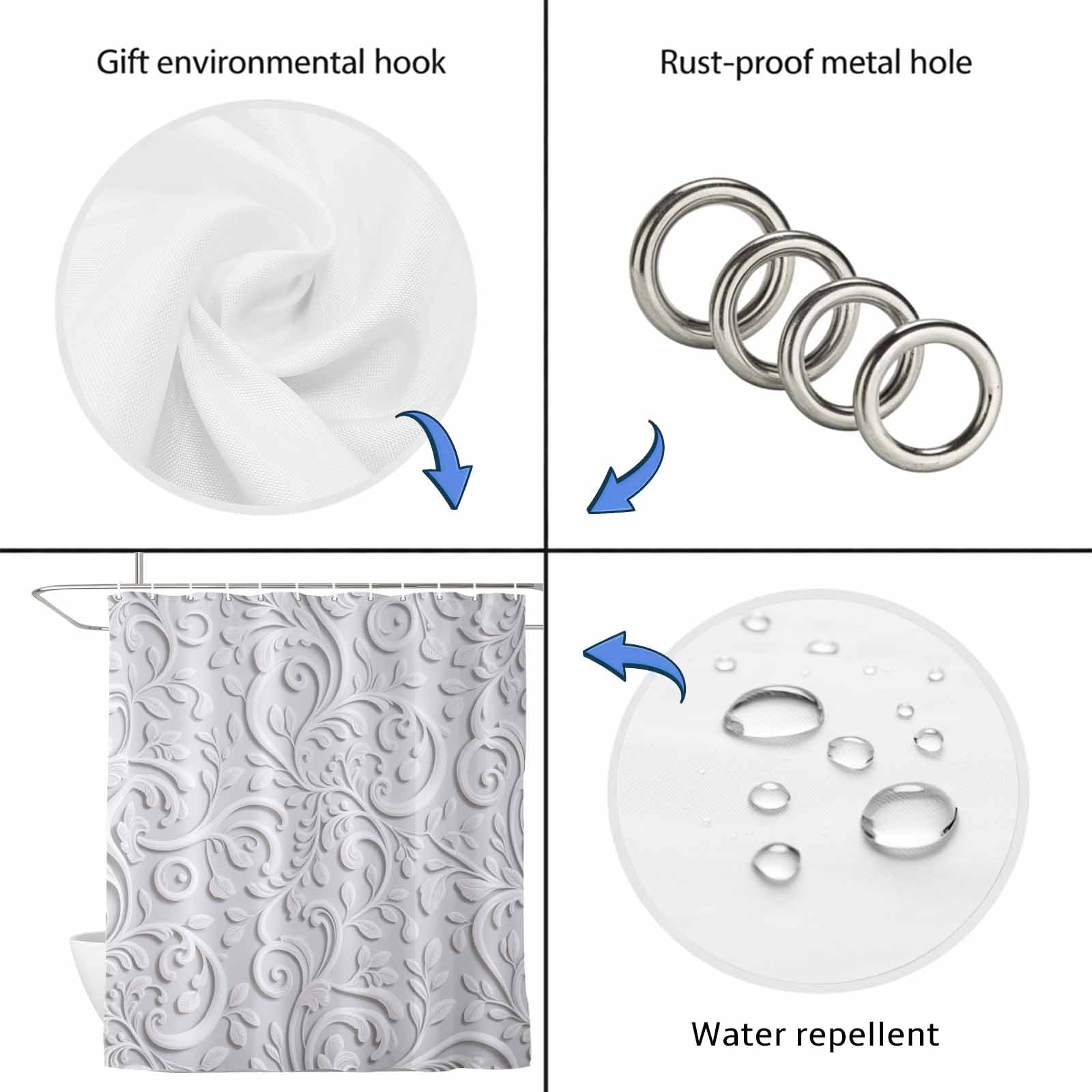 Floral Patterns Shower Curtain, Waterproof Shower Curtains for Bathroom, Silver White Flowers Leaves Aesthetic Washable Fabric Bathtub Curtain Set Bath Decor with 12 Hooks Long 72"x84"