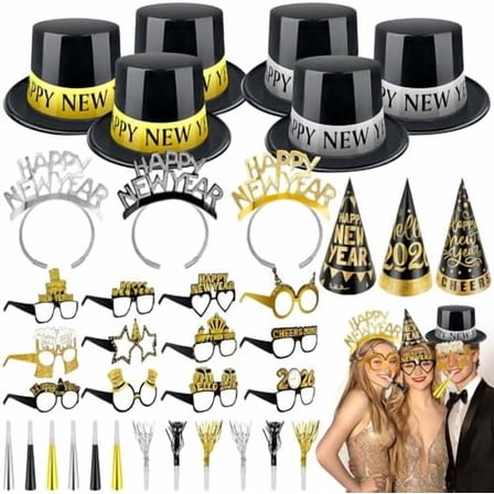 2026 New Years Eve Party Supplies, 36 Pcs Happy New Year Party Supplies Kit Serve 12, Including 6 Top Hats 3 Cone Hats 3 Tiara 12 Glasses 12 Noise Makers Black Gold Silver NYE Decoration Party Favors