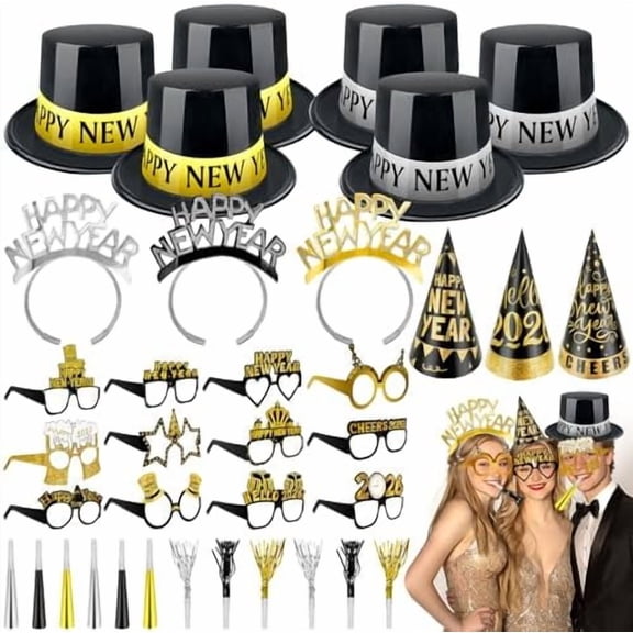 2026 New Years Eve Party Supplies, 36 Pcs Happy New Year Party Supplies Kit Serve 12, Including 6 Top Hats 3 Cone Hats 3 Tiara 12 Glasses 12 Noise Makers Black Gold Silver NYE Decoration Party Favors