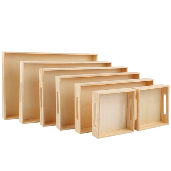Elcoho 7 Pack Unfinished Rectangular Wooden Nested Serving Trays with Cutout Handles, Multi Purpose Organizer Trays for Kitchen Bathroom Breakfast Craft Home Decor