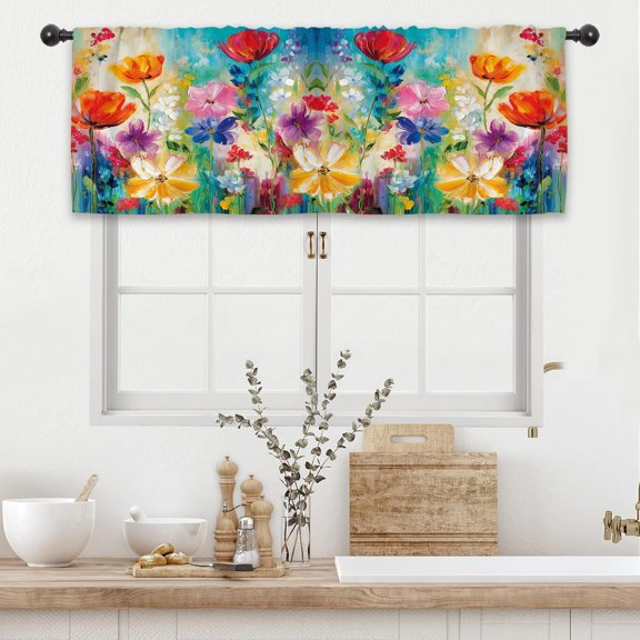 Colorful Flower Kitchen Curtain Valance 54W x 18L Inch Oil Painting Retro Vintage Wildflower Art Rod Pocket Short Cafe Small Window Treatment Drapes Decor