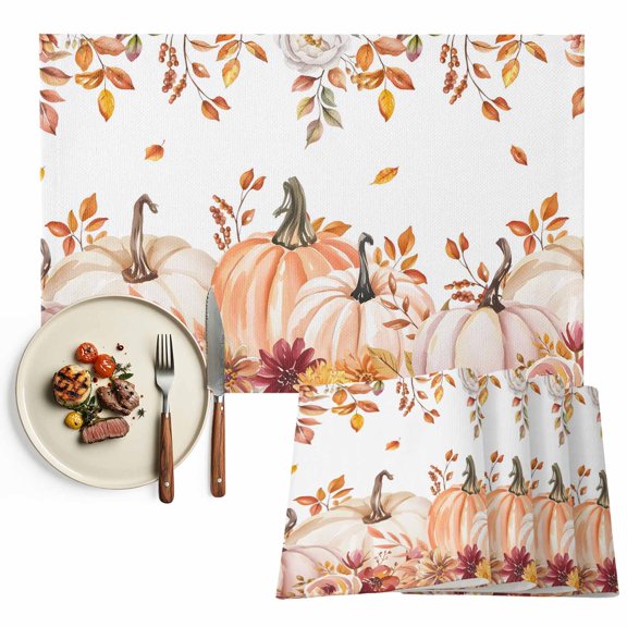 Thanksgiving Orange Pumpkin Placemats Set of 6 Fall Pink Flower Leaf Heat Insulated Linen Place Mats, Washable Stain-Proof Table Mats for Dining Tables Holiday Decor 13x19inch