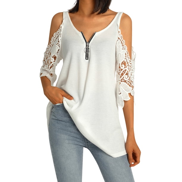 SAYOO Camiseta de mujer , camisola hueca con decoración de cremallera, ropa de verano SAYOO Sexy