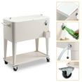 thumbnail image 4 of 80QT Rolling Cooler Cart with Lockable Wheels, Portable Beverage Bar, Stand-Up Cooler Trolley with Open Shelf and Drainage Cap for Outdoor Activity - Includes Bottle Opener & Bottle Cap Catcher, White, 4 of 9