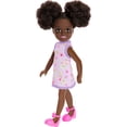 thumbnail image 5 of Barbie Chelsea Doll, Small Doll Wearing Removable Purple Floral Dress & Pink Shoes with Space Buns & Brown Eyes, 5 of 5