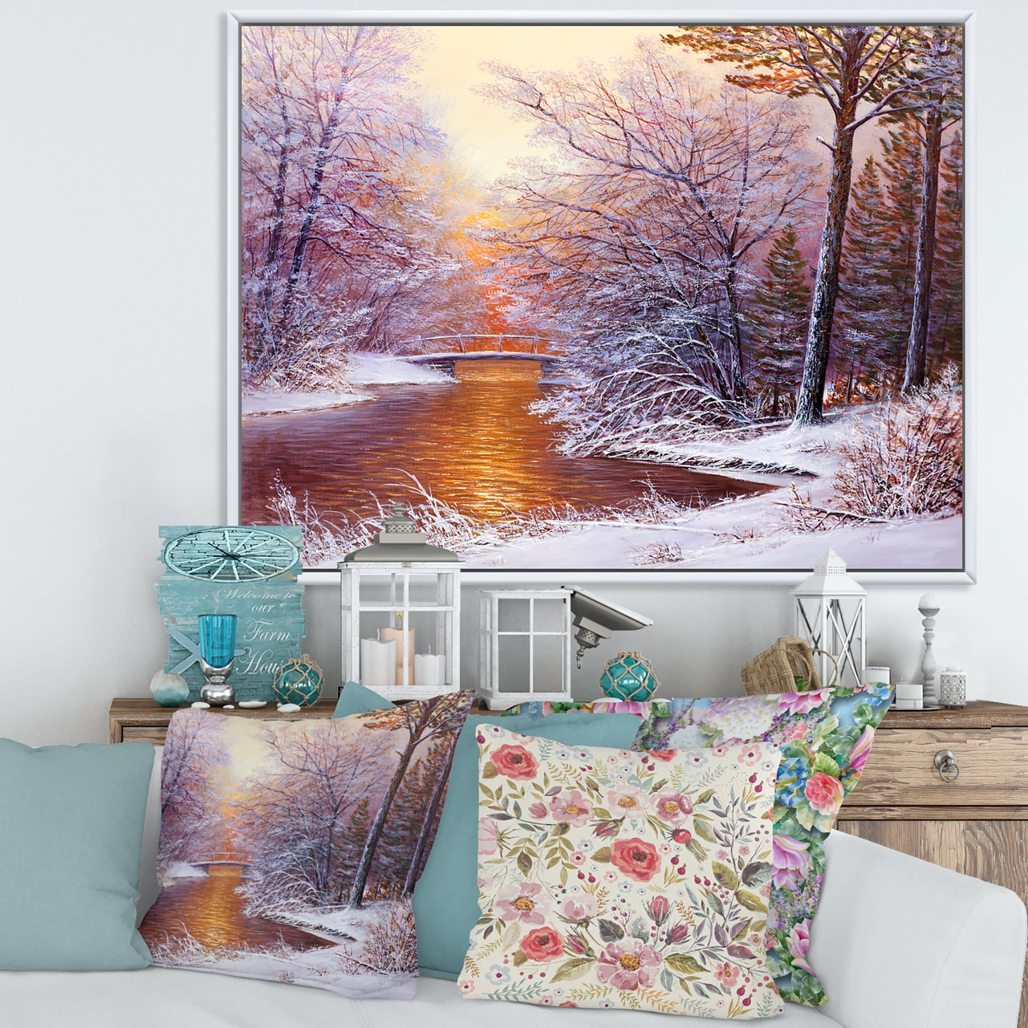 Designart 'Christmas Forest With Trees and River II' Traditional Framed Canvas Wall Art Print