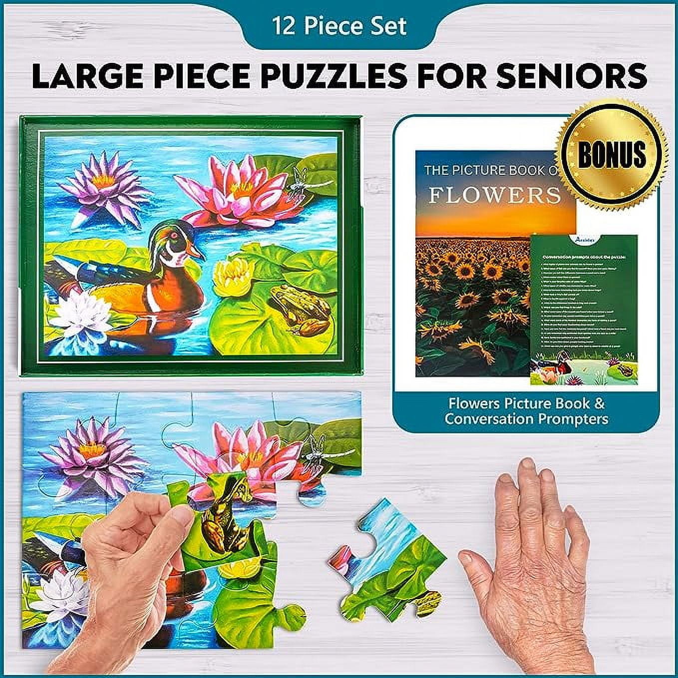 Assistex Dementia Jigsaw 12 Large Puzzle for Seniors - Alzheimer's Activity for Adults with Conversation Prompts - Best Memory Game for Patiens in Nursing Home - Build in Box Activities for Elderly