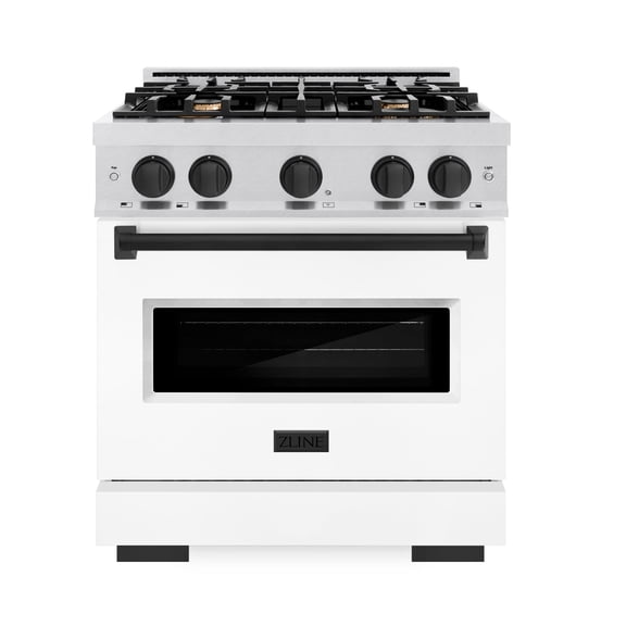 ZLINE Autograph 30" 4.2 cu. ft. Classic Dual Fuel Range with 4 Burners in DuraSnowÂ® Stainless Steel with White Matte Door and Matte Black Accents, CDRSZ-WM-30-MB