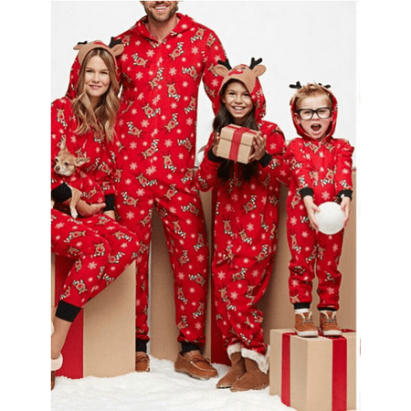 

Pudcoco Christmas Family Matching Hoodie Pajamas Reindeer Romper Long Sleeve One Piece Jumpsuit Zipper Pjs for Adult Kids Baby