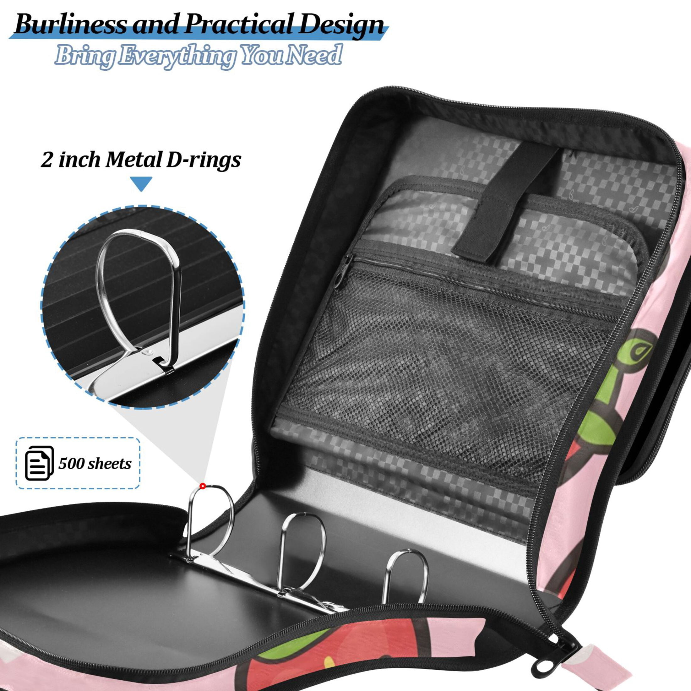3 Ring Zipper Binder with Shoulder Strap Waterproof Trapper Keeper 2 Inch D-Ring 500 Sheets Capacity Cute Cartoon Strawberry